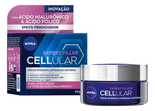 NIVEA Creme Facial Antissinais Cellular Filler Noite 49g, Hidratação Intensa 48h, Pele Firme, Preenche Rugas, Ácido Hialurônico, Cuidado Noturno