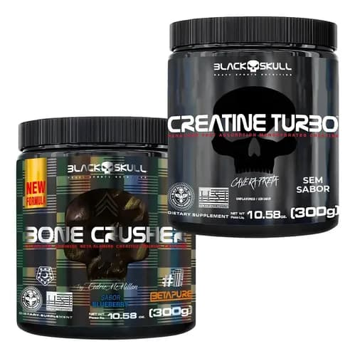 Kit Creatina Black Skull 300g e Pré Treino Sabor Limão