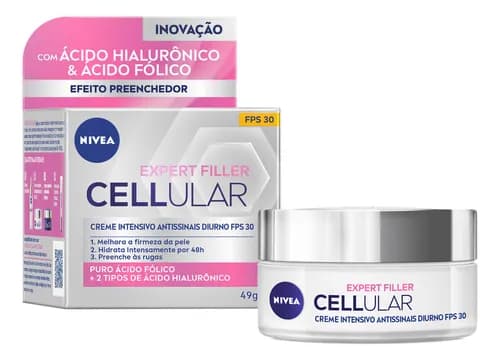 NIVEA Creme Facial Antissinais Cellular Filler Dia FPS 30 49g, Hidratação Intensa 48h, Pele Firme, Preenche Rugas, Ácido Hialurônico, Cuidado Diário