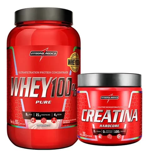 Whey 100% Pure Integralmedica + Creatina Pure Hardcore 300g Sabor Morango
