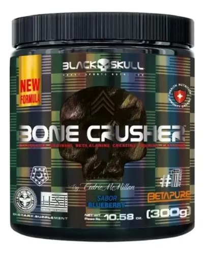 Pre Treino Forte Bone Crusher 300g Black Skull Sabor Blueberry
