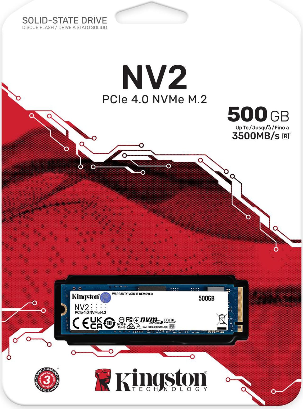 Kingston NV2 500GB · Peso: 7 g · Interface: PCIe 4.0 x4 NVMe · Leitura: 3500 MB/s — foto 3 de 3