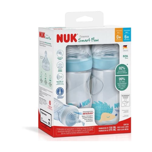 Kit 2 Mamadeiras NUK Essence Smart Flow 150ml + 270ml · Material: polipropileno (PP) e silicone · Fluxo do bico: bico tamanho S (3 furos) e bico tamanho M (6 furos) · Faixa etária: 0m+ (150ml) e 6m+ (270ml) — foto 2 de 3