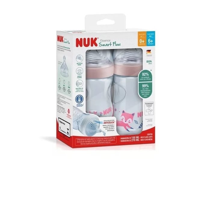 Kit 2 Mamadeiras NUK Essence Smart Flow 150ml + 270ml · Material: polipropileno (PP) e silicone · Fluxo do bico: bico tamanho S (3 furos) e bico tamanho M (6 furos) · Faixa etária: 0m+ (150ml) e 6m+ (270ml) — foto 3 de 3