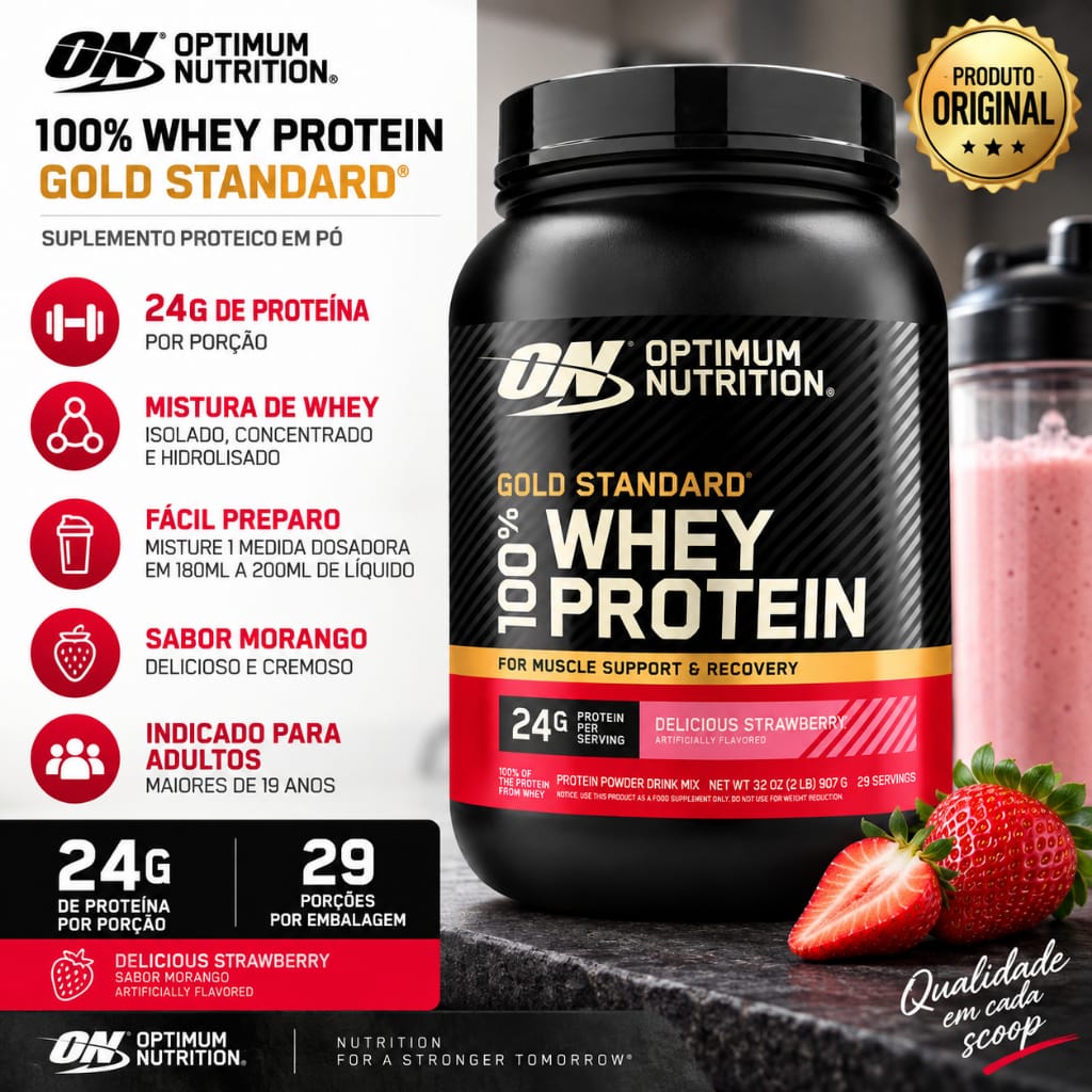 Whey Gold Standard Optimum Nutrition 907g Sabor Morango · GTIN 7894340938313 — foto 6 de 6