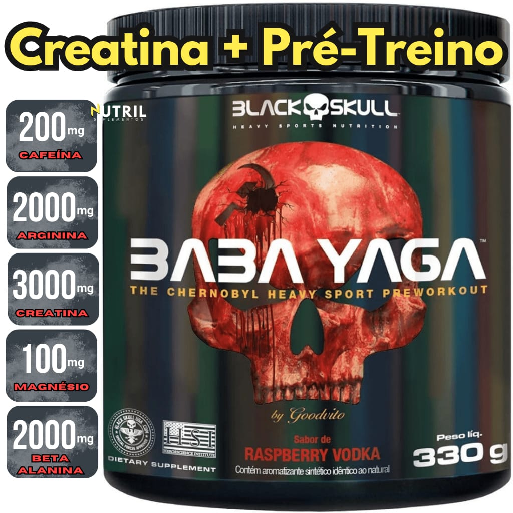 Pré Treino Baba Yaga 330g Black Skull Sabor Raspberry Vodka · GTIN 7898708733138 — foto 5 de 5
