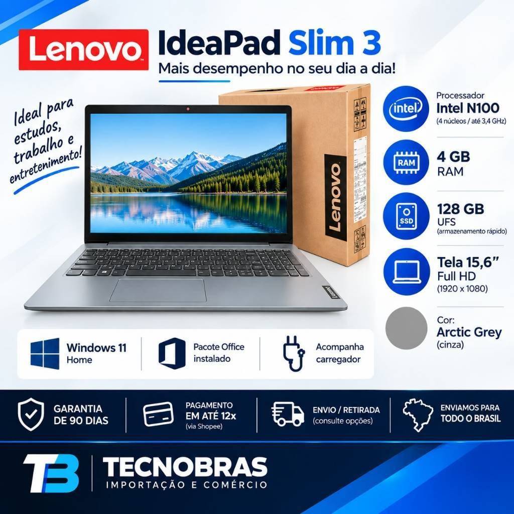 Lenovo IdeaPad Slim N100 4GB RAM 128GB Prateado · Cor: prata — foto 2 de 3