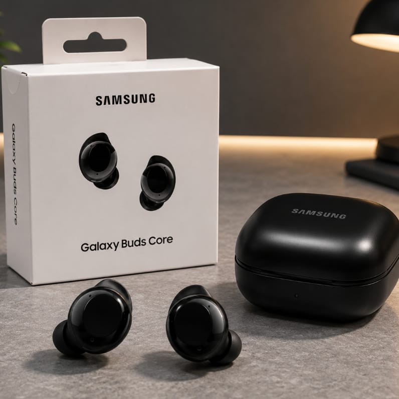 Foto de Samsung Galaxy Buds Core · ANC: Sim · Capacidade da bateria: 65 mAh · Conectividade: Bluetooth 5.4, USB-C