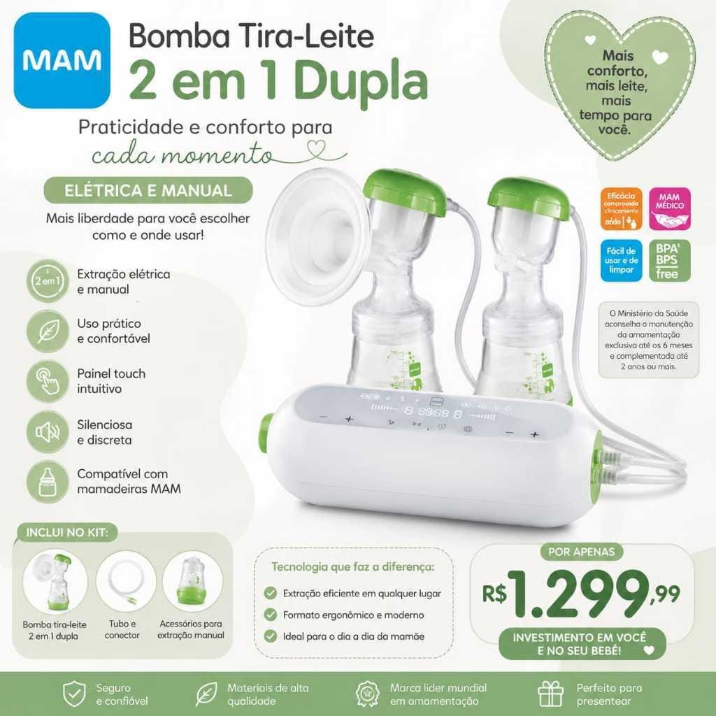 Bomba Eletrica Tira-leite 2 Em 1 Mam Extração Dupla Bivolt · Cor: Branco e Verde · Modelo: BOMBA DUPLA ELETRICA — foto 5 de 5