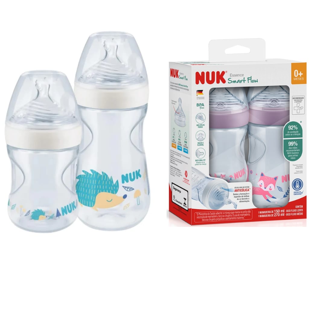 Foto de Kit 2 Mamadeiras NUK Essence Smart Flow 150ml + 270ml · Material: polipropileno (PP) e silicone · Fluxo do bico: bico tamanho S (3 furos) e bico tamanho M (6 furos) · Faixa etária: 0m+ (150ml) e 6m+ (270ml)