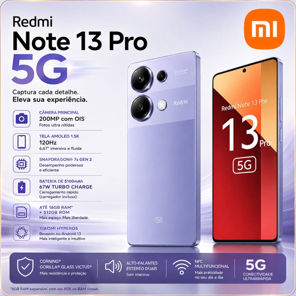 Xiaomi Redmi Note 13 Pro 5G · CPU: Snapdragon 7S Gen 2 · RAM: 8 GB · Armazenamento: 256 GB — foto 5 de 5