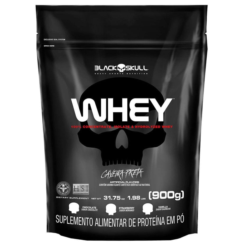 Foto de Black Skull Whey Protein (WPI, WPC, WPH) - Refil 900g · Tipo: concentrado · Sabor: Baunilha · Doses na embalagem: 36