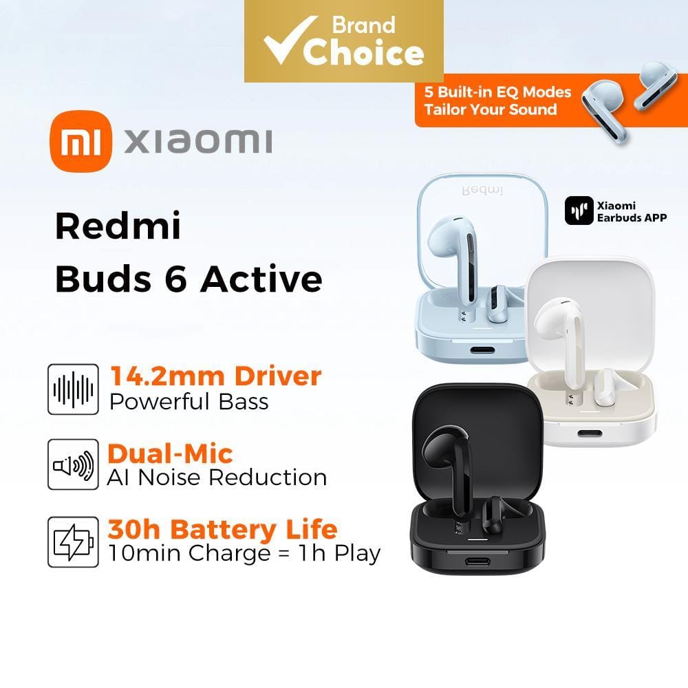 Foto de Xiaomi Redmi Buds 6 Active · Capacidade da bateria: 37 mAh · Conectividade: Bluetooth 5.4 · À prova d’água: IPX4
