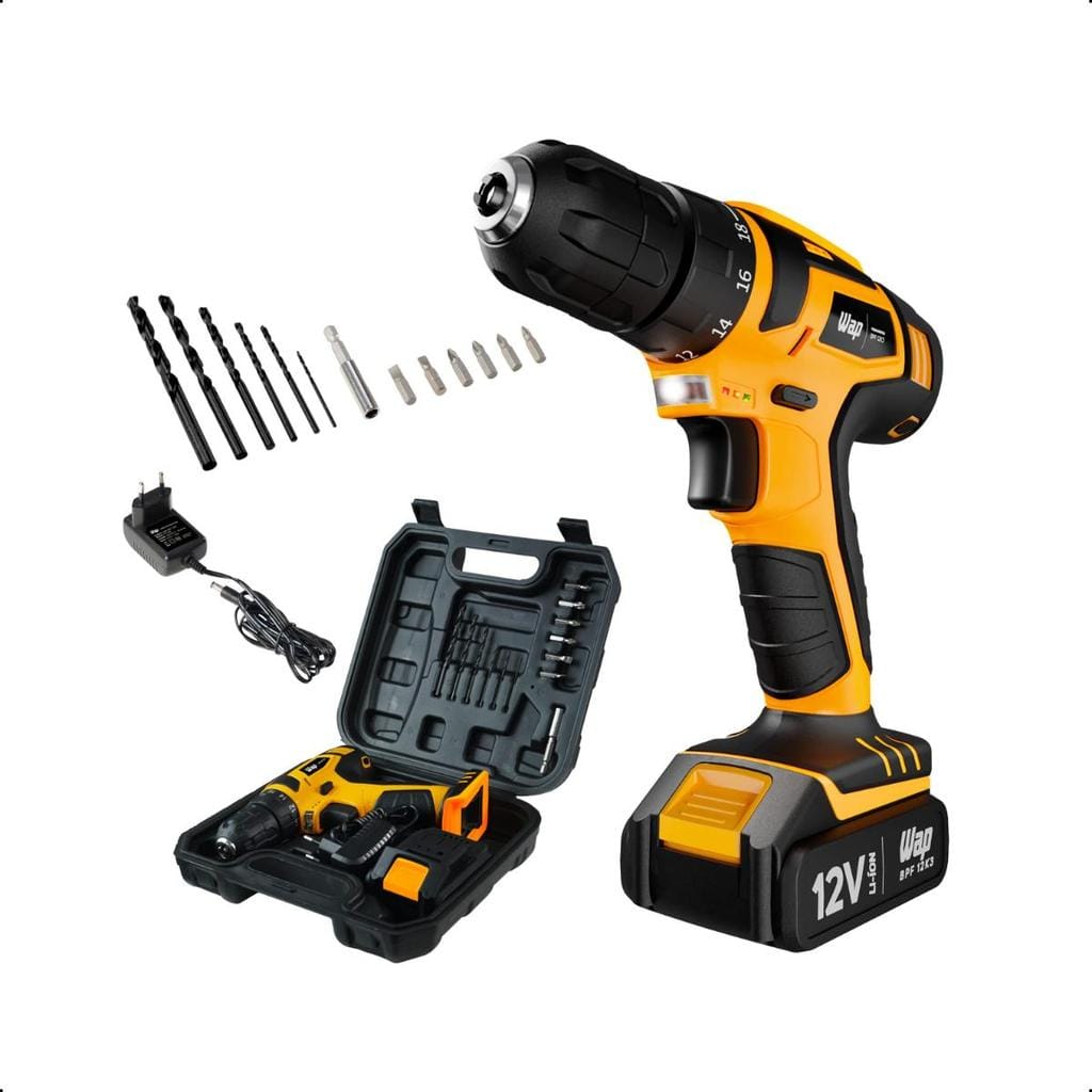 Furadeira E Parafusadeira Bpf 12k3 Wap + Jogo 110 Peças · Cor: Amarelo · Modelo: BPF12K3 + WF M110 — foto 2 de 3