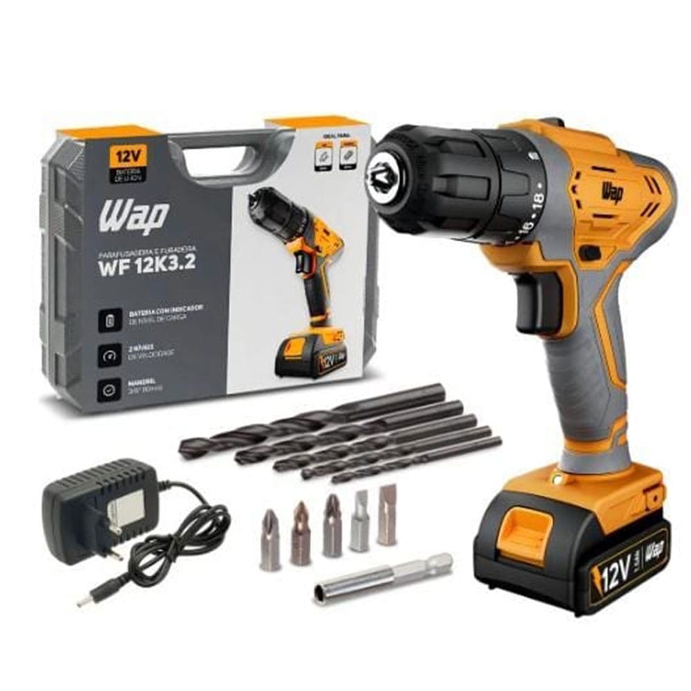 Parafusadeira Furadeira Wap Wf12k3.2 A Bateria + 300 Pçs · Cor: Amarelo · Modelo: 12k3.2 + 300 PEÇAS — foto 2 de 2