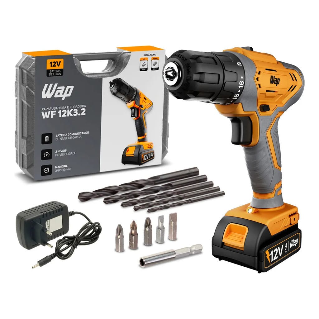 Parafusadeira Furadeira Wf 12k3.2 Bateria Wap + 40 Peças · Cor: Amarelo · Modelo: 12k3.2 + 40 PEÇAS — foto 2 de 4