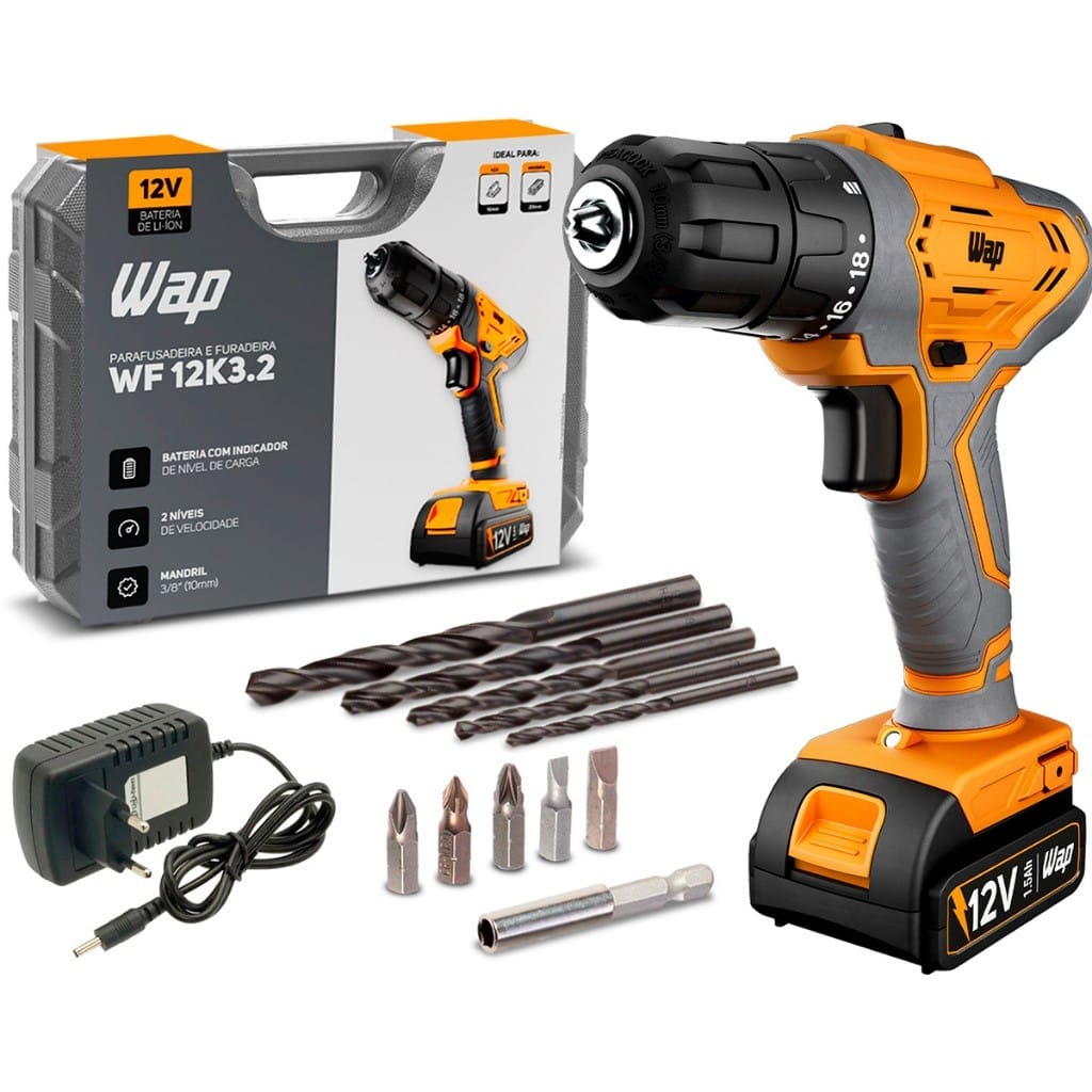 Furadeira E Parafusadeira Wf 12k3.2 Wap + Kit 300 Peças Cor… · Cor: Amarelo · Modelo: WF 12K3.2 + 300 PEÇAS — foto 3 de 3
