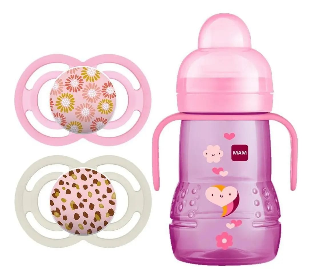 Copo Mam Trainer Rosa + 2 Chupetas Perfect Flores Rosa Mam