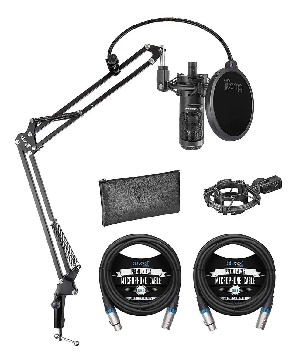Microfone condensador cardióide Blucoil Audio Technica At2035 perfeito para estúdio, podcasting e streaming, pacote de saída de filtro Pop XLR Boom Arm Plus e 2 pacotes de cabos XLR balanceados