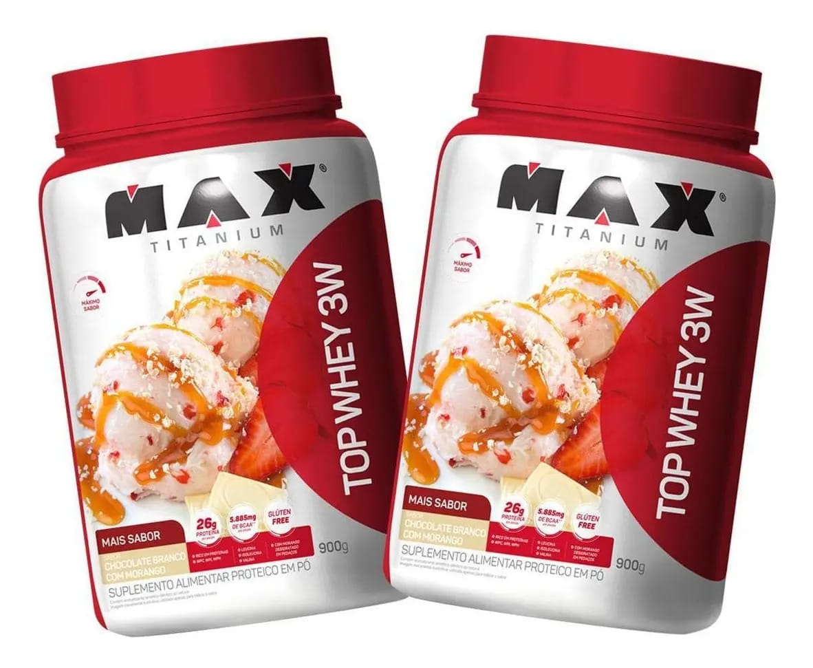 Kit 2 Top Whey Protein 3w 900g Chocolate Branco Max Titanium