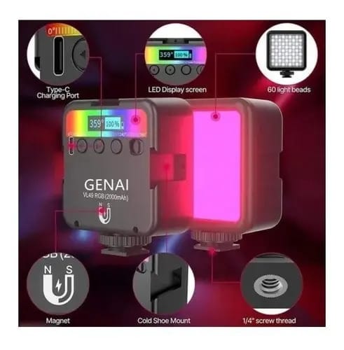 Iluminador LED RGB Genai VL49 Dimerizável 6W Foto e Vídeo Preto