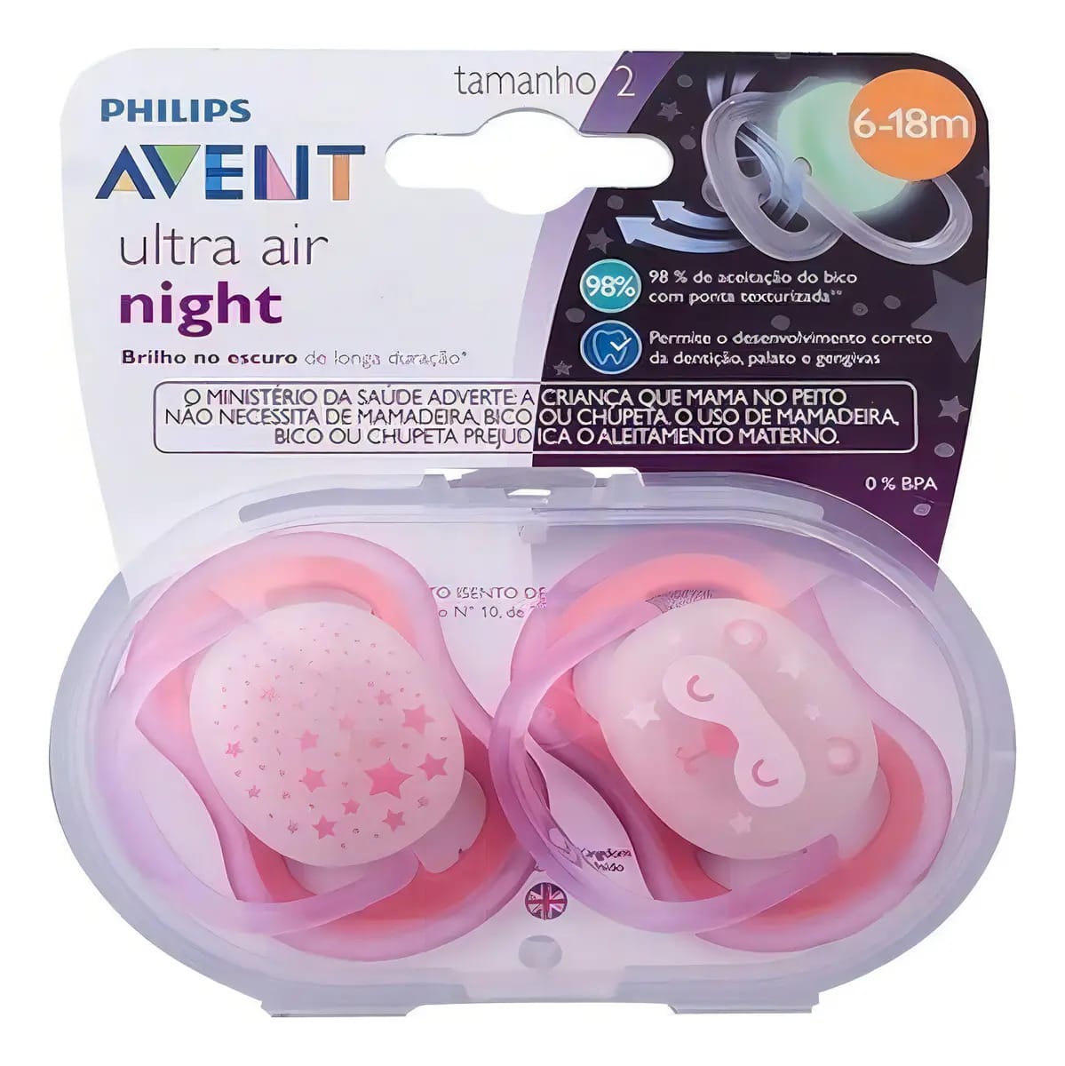 Kit Chupetas Philips Avent Ultra Air Night 6-18 Meses - Rosa