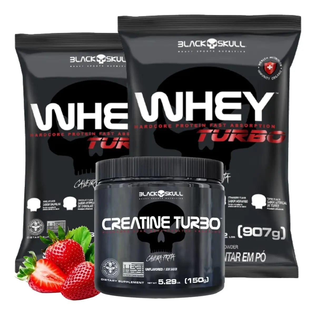 Whey Creatina Black Skull Hipertrofia Morango Kit Suplemento Esportivo
