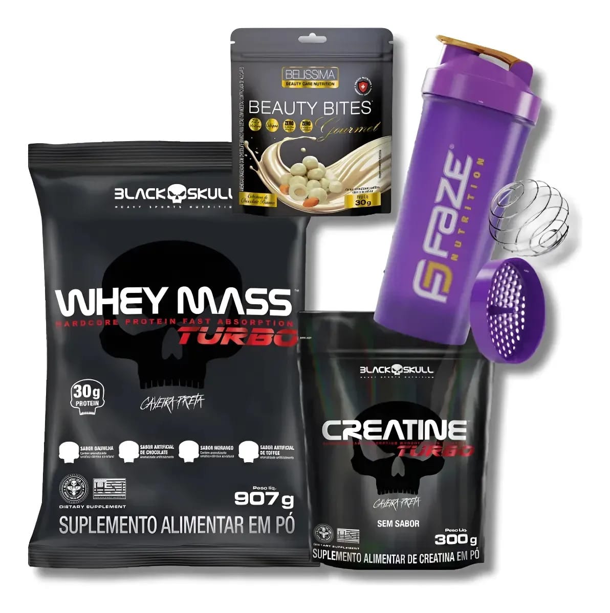 Whey Turbo Black Skull 907g+creatina 300g+beauty Bites+coque Baunilha