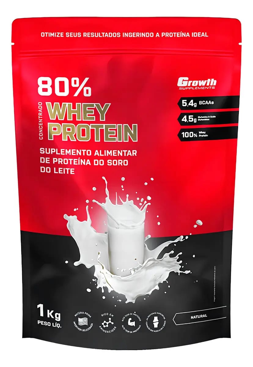 Whey Protein Concentrado 80% Growth 1kg Sabor Natural