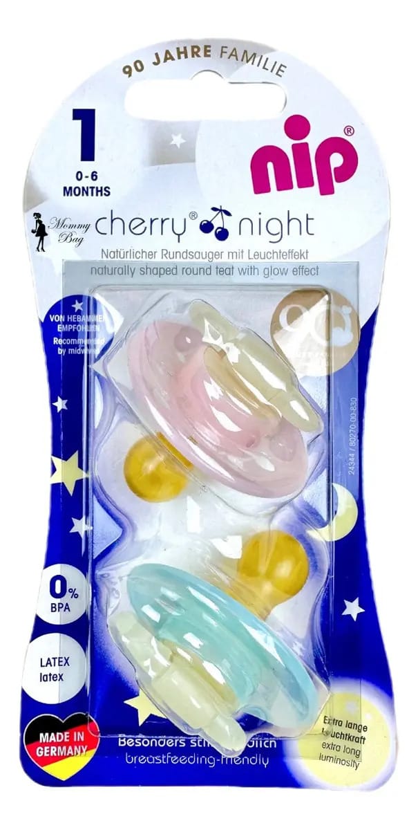 Pacote de chupeta Nip Cherry Night X 2. Tamanho 1. Período de idade verde e rosa de 0 a 6 meses
