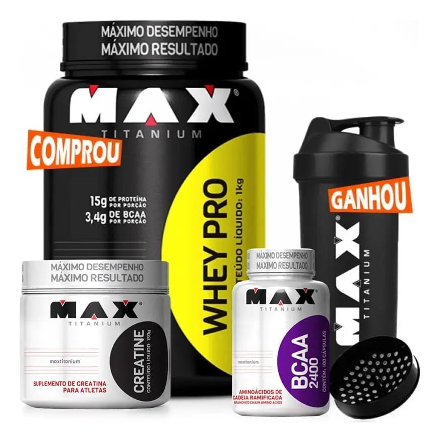 Kit Whey Protein + Creatina + Bcaa + Coq Max Titanium Sabor Morango