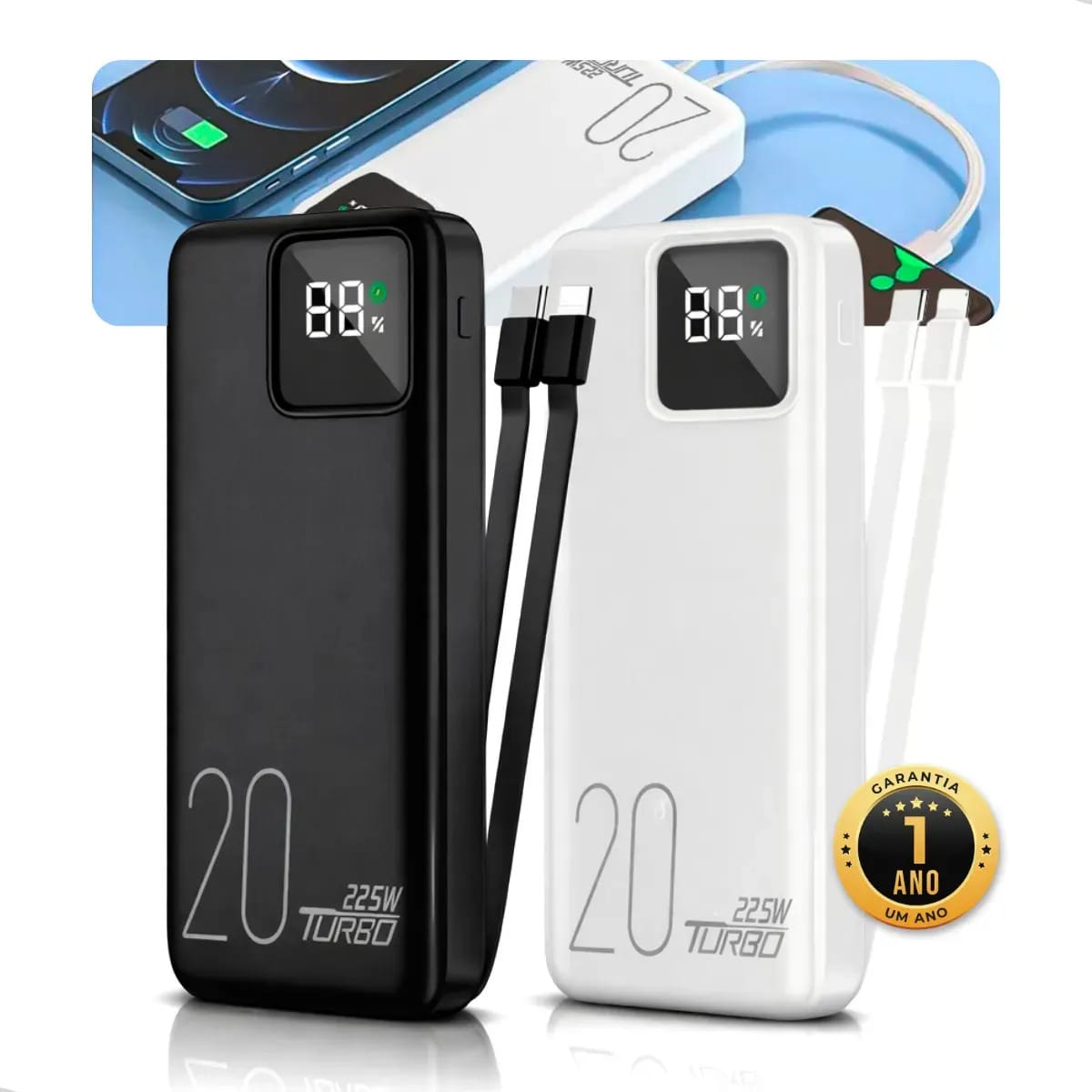 Carregador Portátil Power Bank 20.000mah Turbo Rápido Display Compatível iPhone Samsung Xiaomi Preto Nixzen