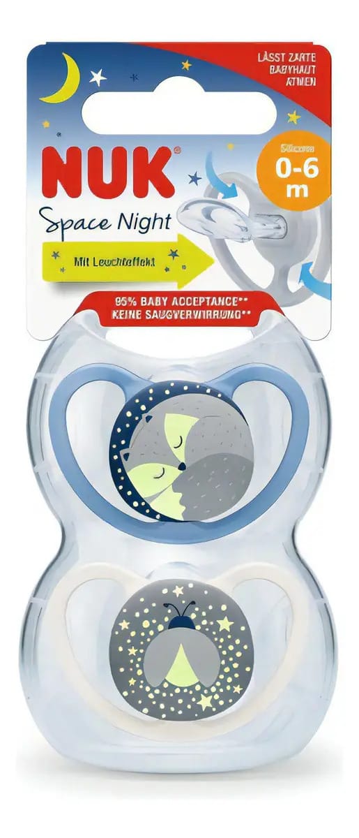 Conjunto luminoso Nuk Space de 2 chupetas de 0 a 6 meses azul/branco