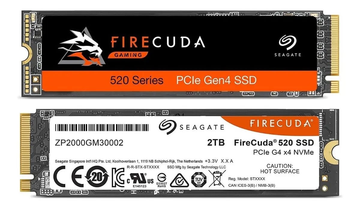 Unidade sólida interna preta e vermelha M.2 Pcie Nvme Seagate Firecuda 520 de 2 TB
