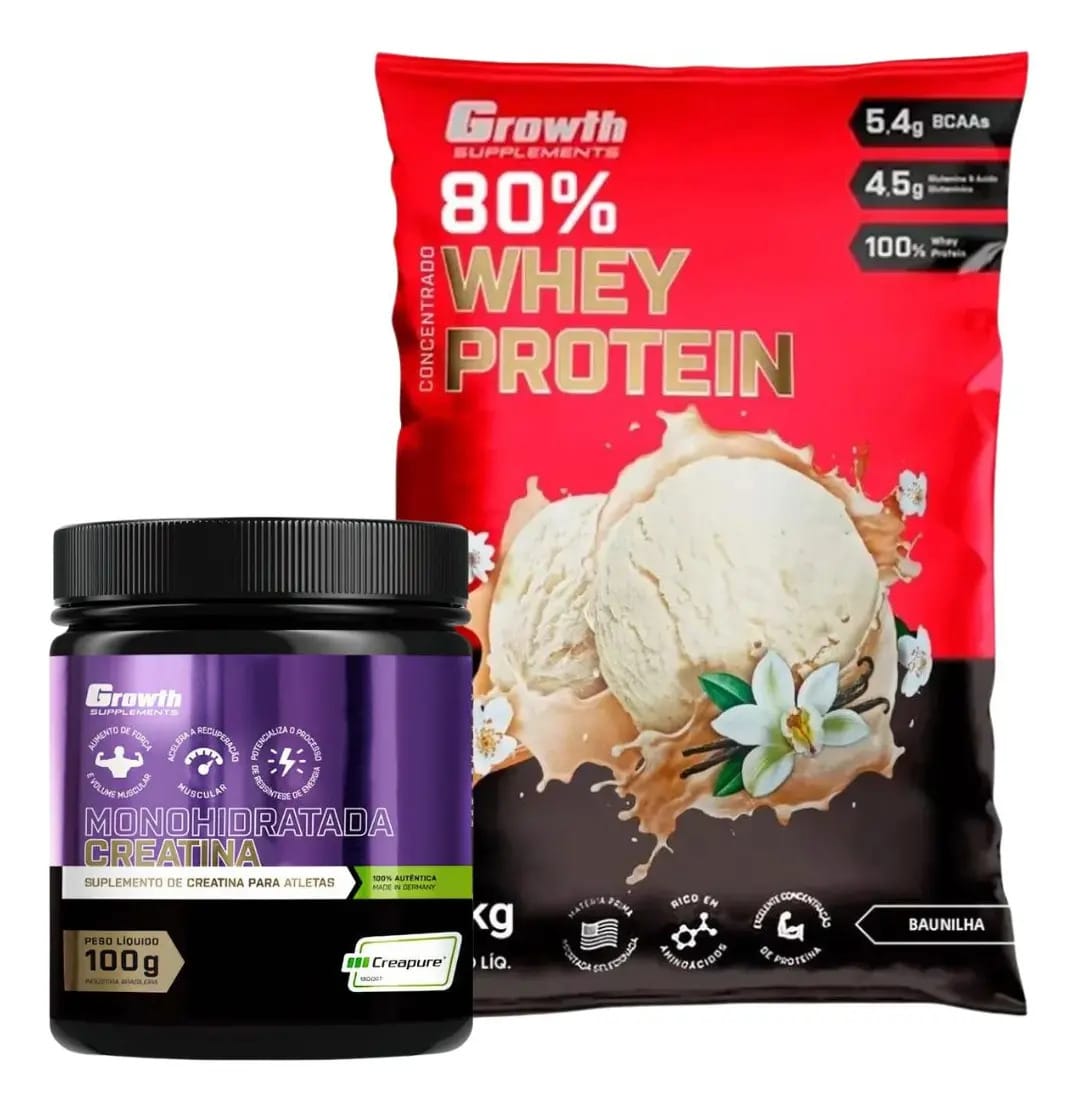 Kit Whey Protein Concentrado Creatina Creapure 100g Growth Sabor Baunilha