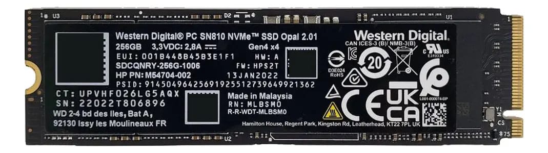 Unidade sólida SSD M2 PCI-e de 256 GB Western Digital Sn810 2280 Oem