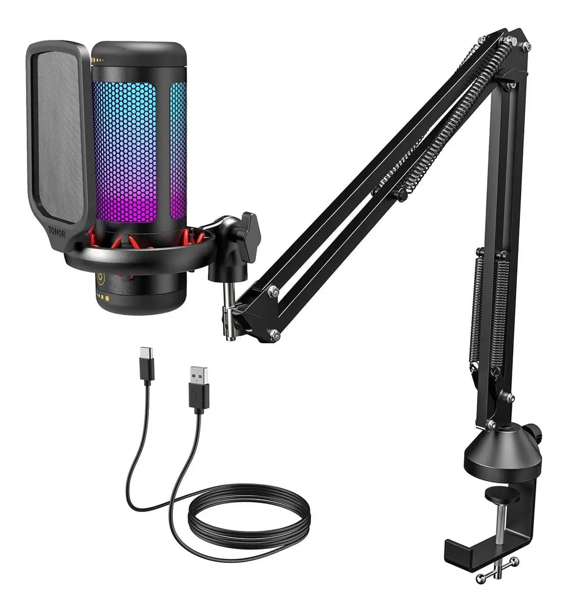 Microfone Tonor Rgb com suporte USB para PC: Fast Mute, Iluminação RGB e Controle de Ganho