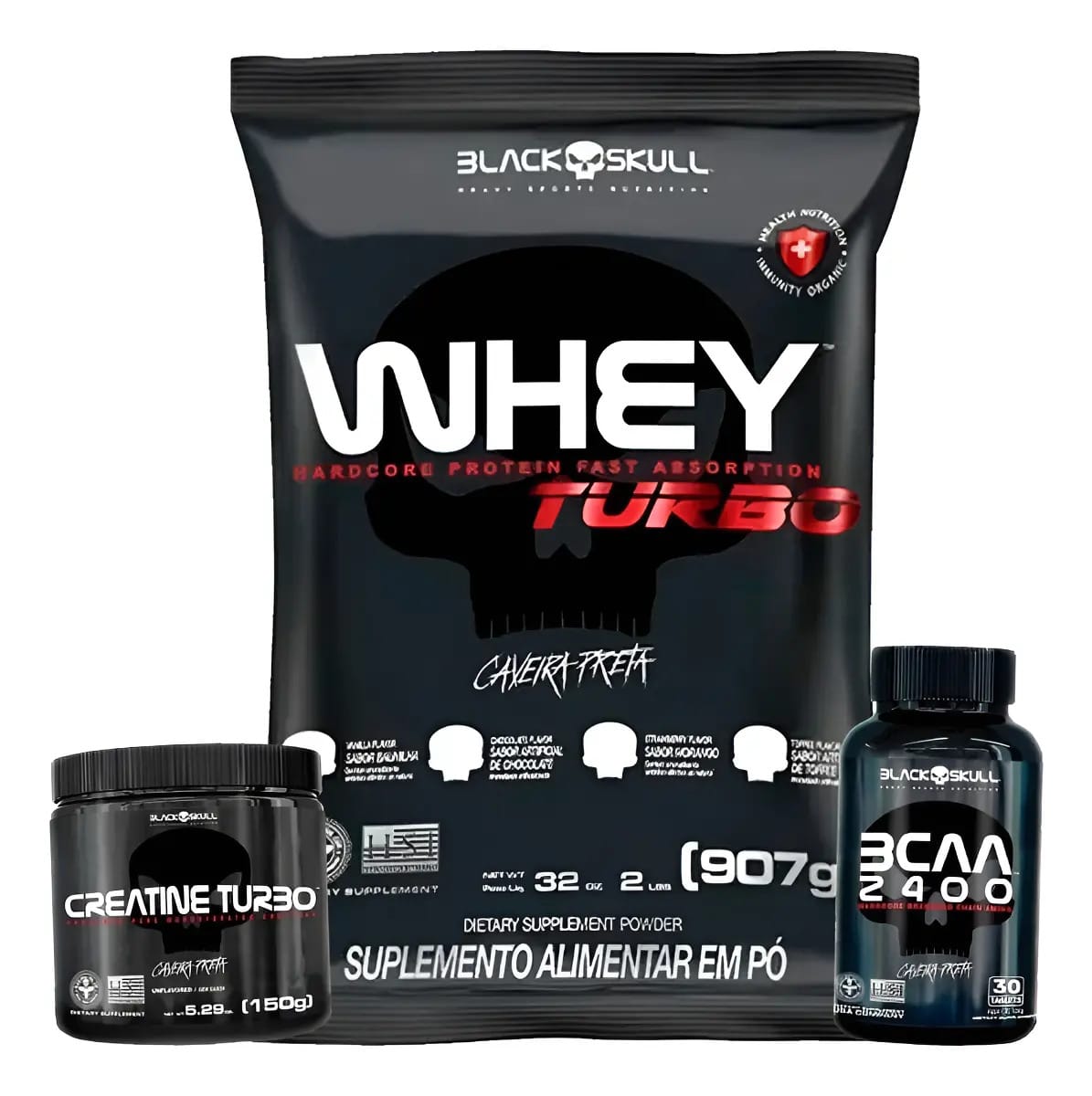 Combo Whey Protein Turbo + Bcaa + Creatina - Black Skull Sabor Morango