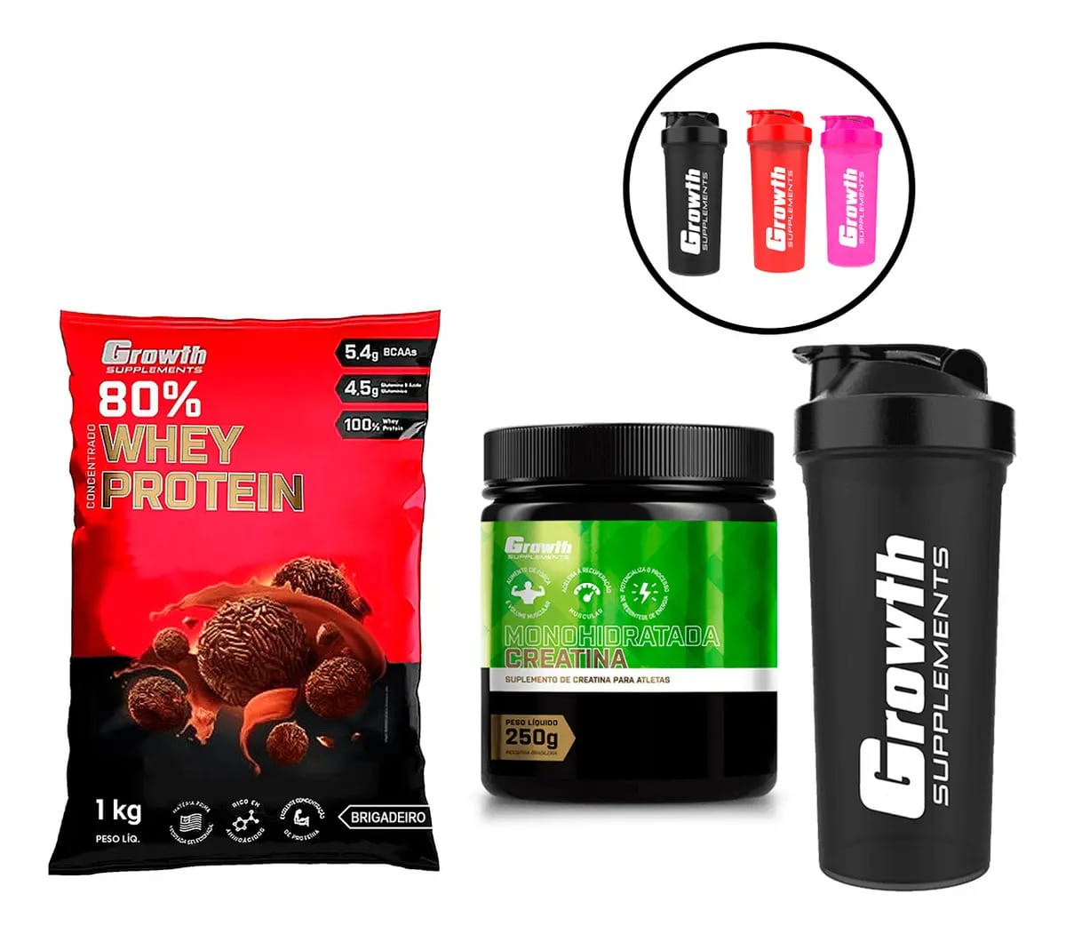 Kit Whey + Creatina Monohidratada E Coqueteleira Growth Sabor Brigadeiro