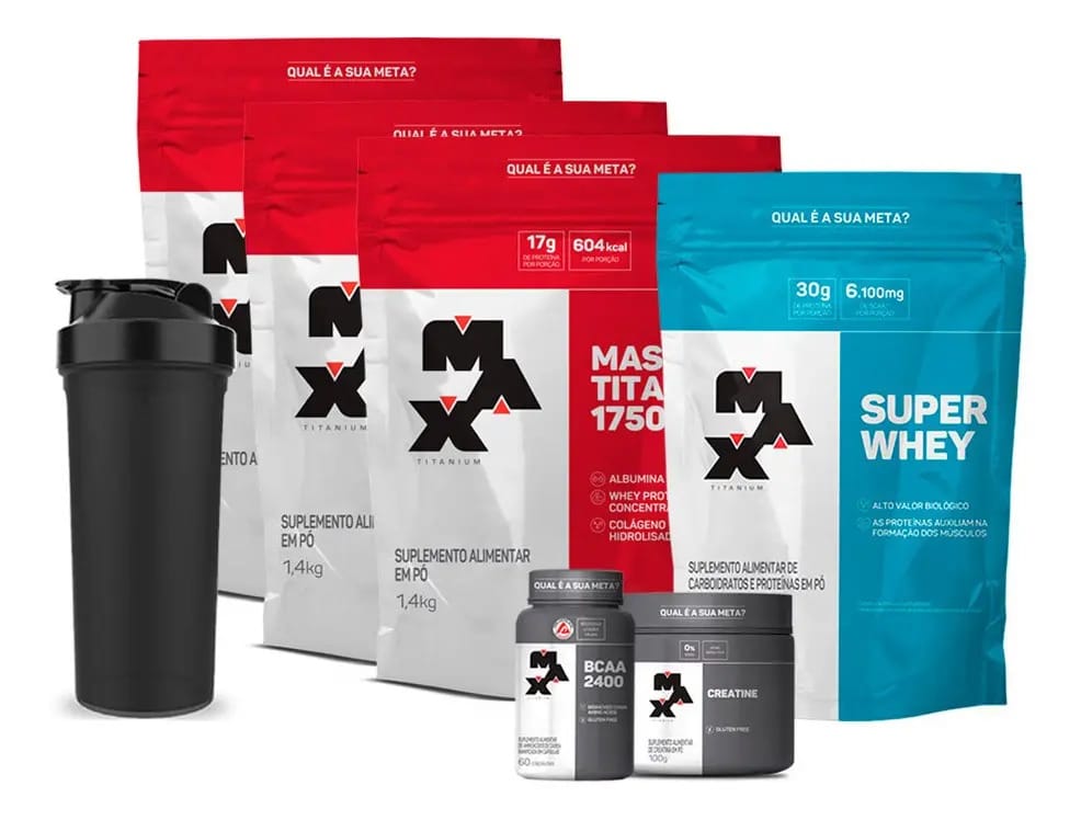 Combo Whey Protein 3x Mass 17500 Bcaa Creatina Max Titanium Sabor Chocolate