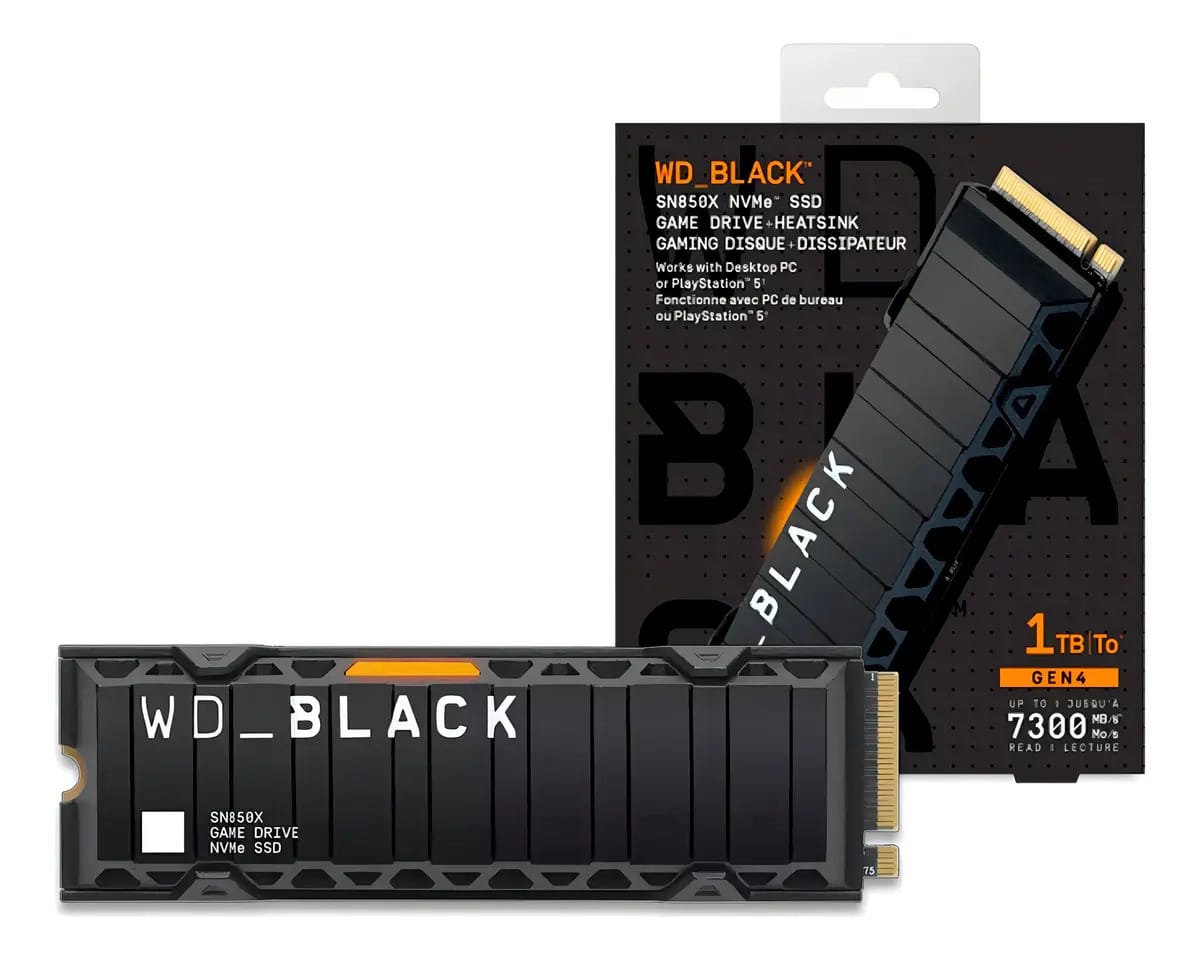 Ssd M.2 1tb Pcie Gen4x4 Western Digital Sn850x Wd Black Nvme M.2 2280 Wds100t2xhe-00bca0 Velocidade De Leitura Até 7300 Mb/s C/ Dissipador Cor Preto