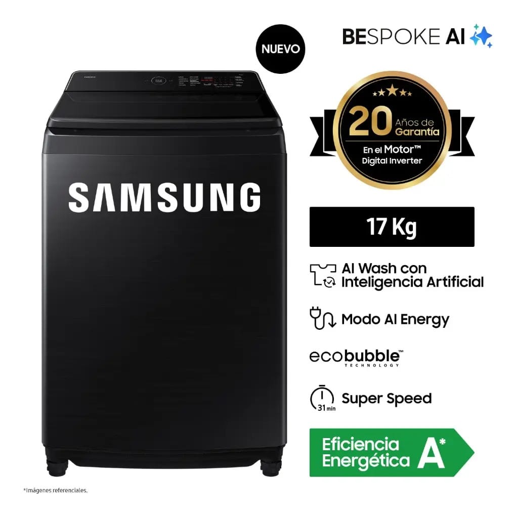 Lavadora Samsung Ai Wash Ecobubble Wa80f17s8bpe de 17 kg, cor preta, cor preta