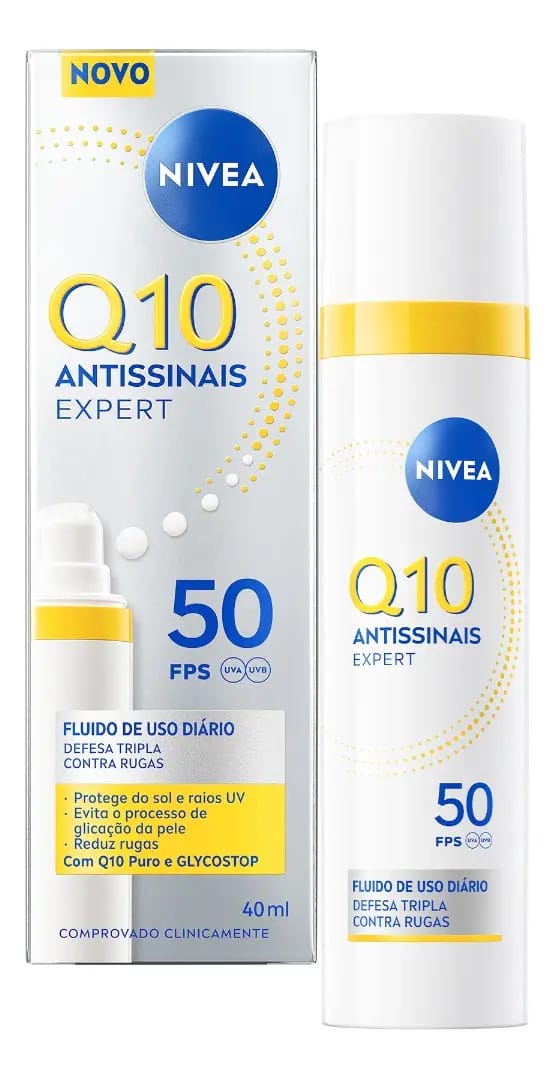 NIVEA Q10 Antissinais Fluido Diário FPS 50 40ml, Reduz e Combate Rugas, Pré-Maquiagem, Toque Seco, Tecnologia Glycostop, Cuidado Facial