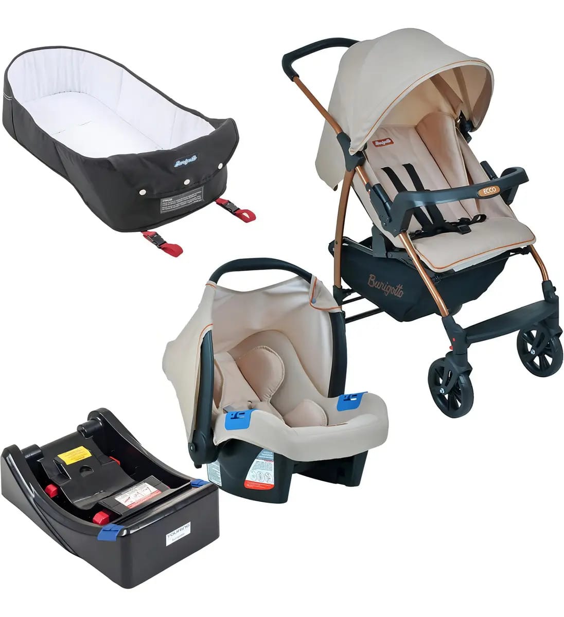 Carrinho De Bebê Burigotto Ecco Mon Amour + Base + Ninho Cor Rosa-claro Chassi Cobre