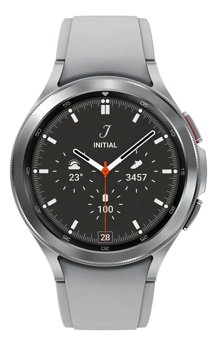 Capa de relógio GPS Super Amoled Samsung Galaxy Watch 4 Classic de 46 mm, cor branca, malha, prata, moldura, cor prata