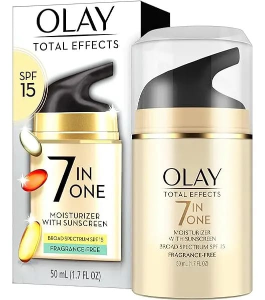 Hidratante antienvelhecimento diário Olay Total Effects 7 em 1 com protetor solar de amplo espectro Spf 30, tecnologia Solasheer, fórmula rica em vitaminas de 1,7 onças líquidas (50 ml).