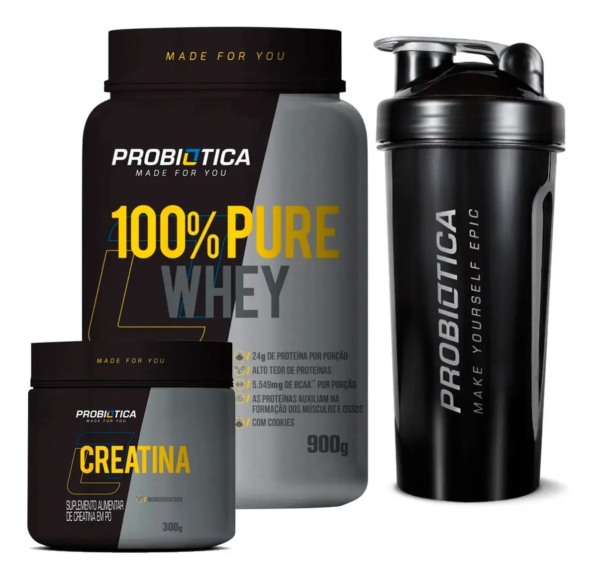 100% Whey Probiotica + Creatina 300g + Coqueteleira 700ml Sabor Morango