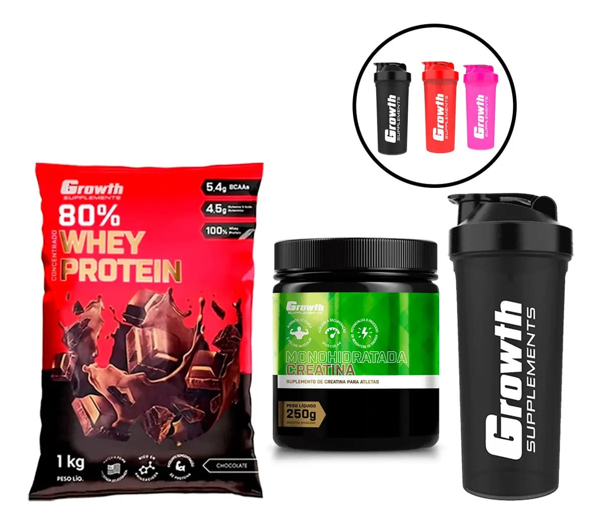 Kit Growth Whey + Creatina Monohidratada E Coqueteleira Sabor Chocolate