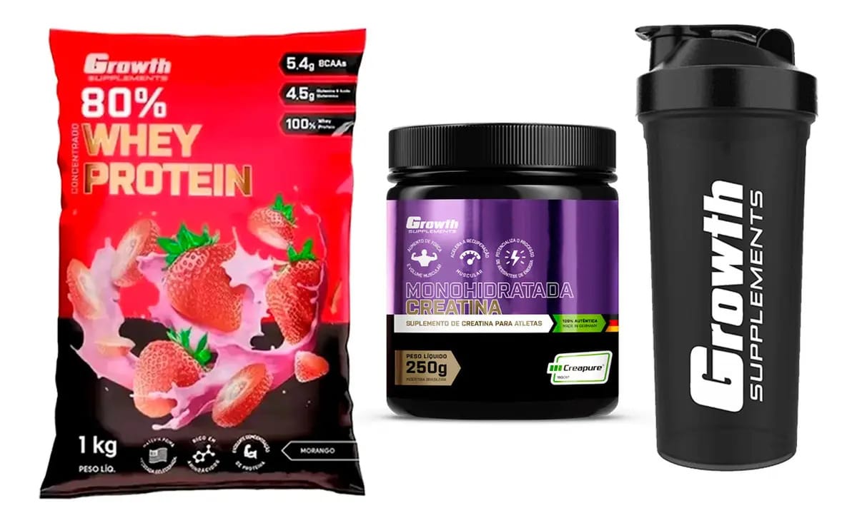 Kit Whey + Creatina Creapure E Coqueteleira Growth Sabor Morango