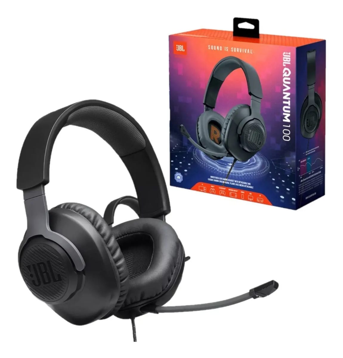 Fone de ouvido para jogos JBL Quantum 100 Q100 M2 com microfone desconectável, cor preta